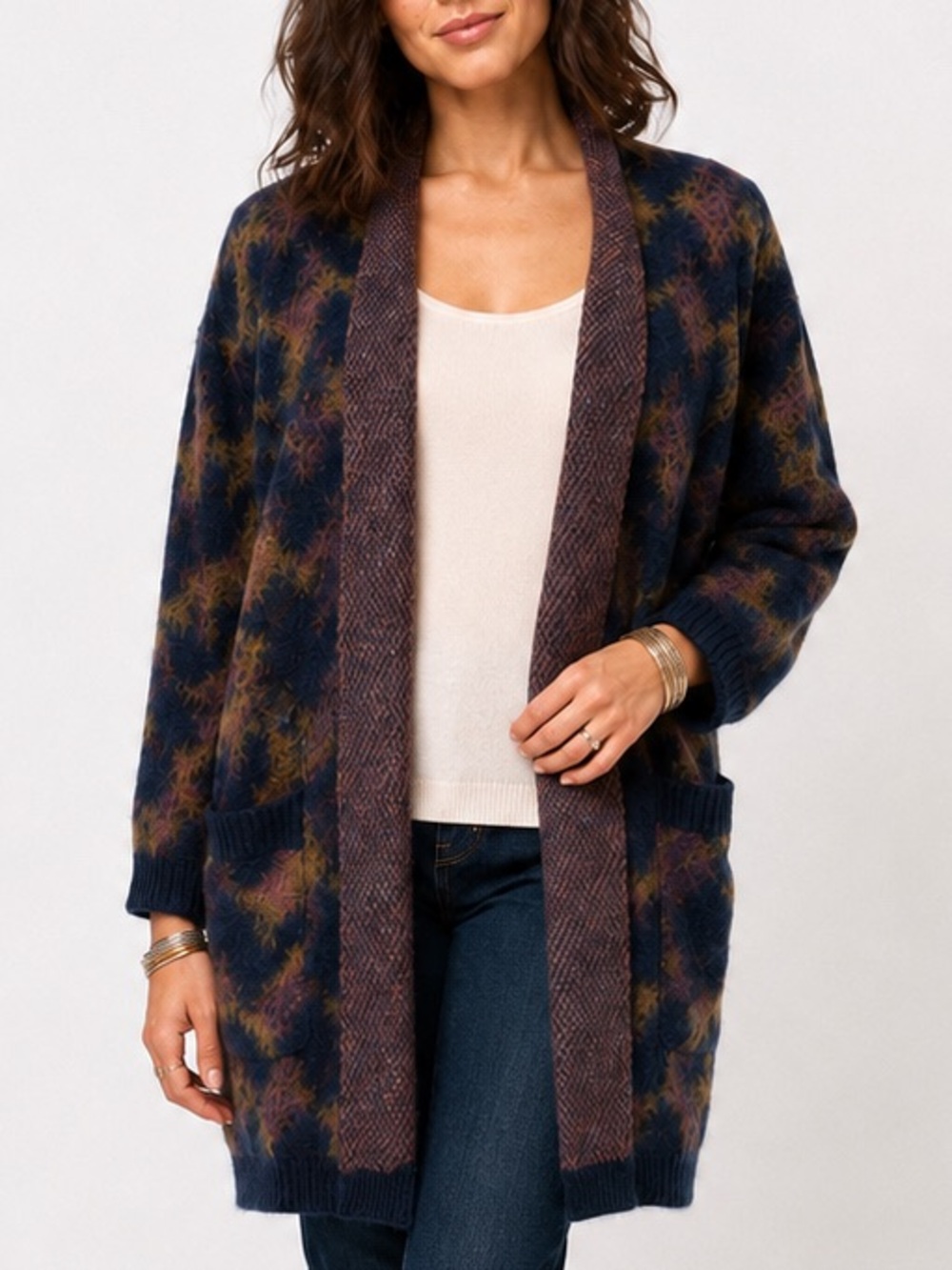Lucky Brand “Iona” Open Front Cardigan Navy Abstract Wool Blend Large